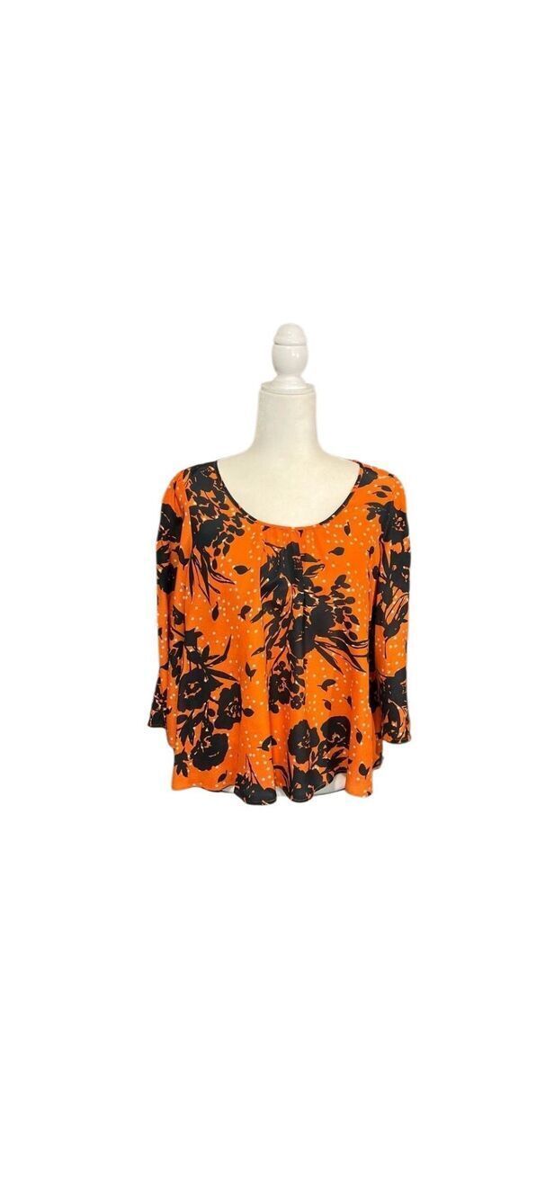 Trinity 100% silk orange and navy floral bell sleeve blouse - M